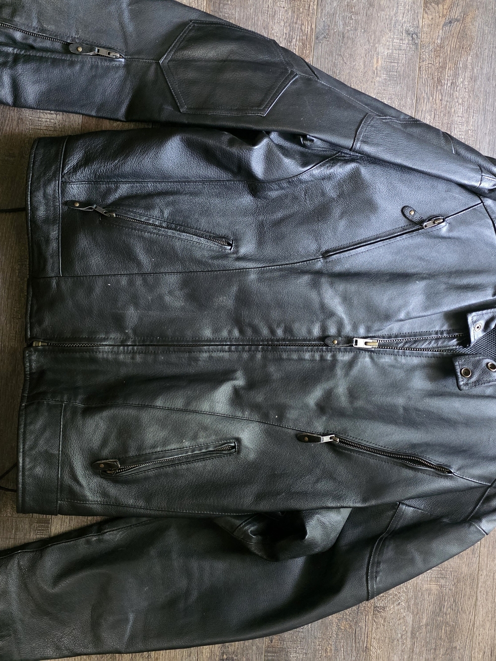 Men's Black Leather Zip Jacket with Multiple Zip Pockets
